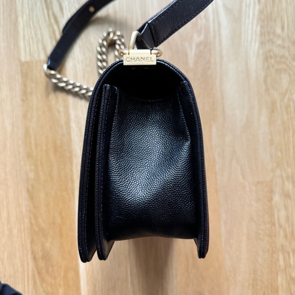 EUC CHANEL Boy Bag Black Caviar Chevron Leather Brushed Gold Hardware Old Medium - Picture 12 of 15